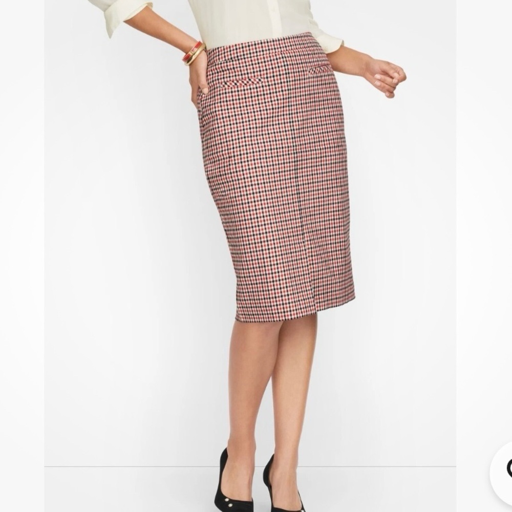 Talbots Gingham Twill Pencil Skirt Size 16 Plaid Black Red White Knee Length